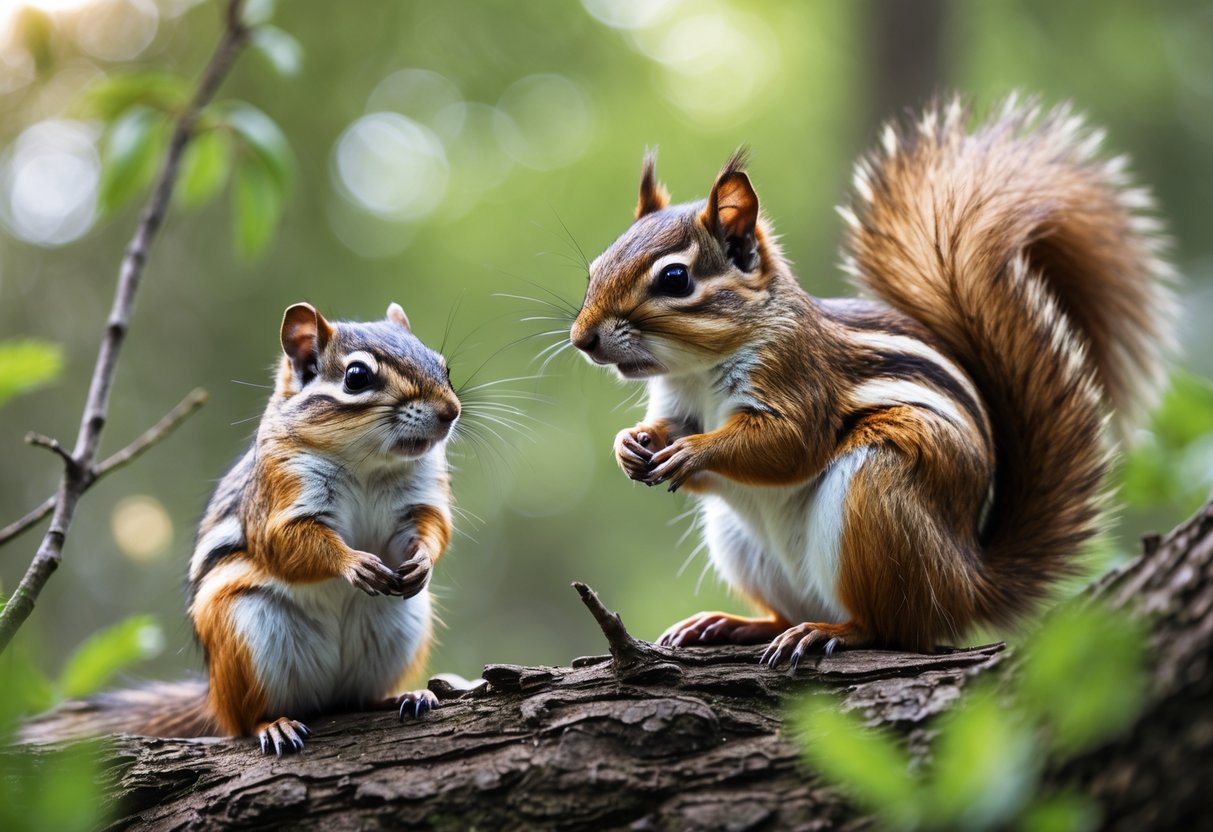 A chipmunk and a squirrel in a forest setting, showing their size and fur differences.