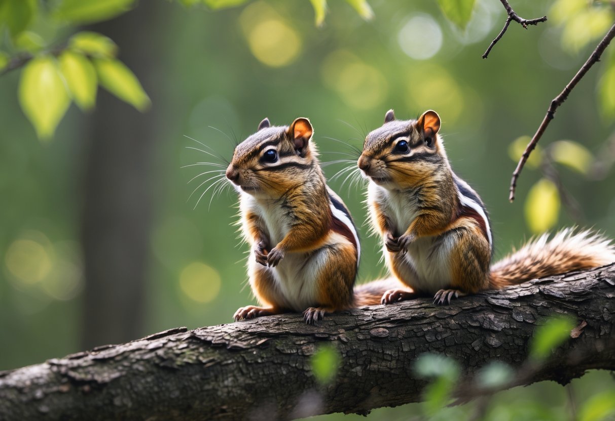 Two chipmunks sitting on a tree branch in a forest.