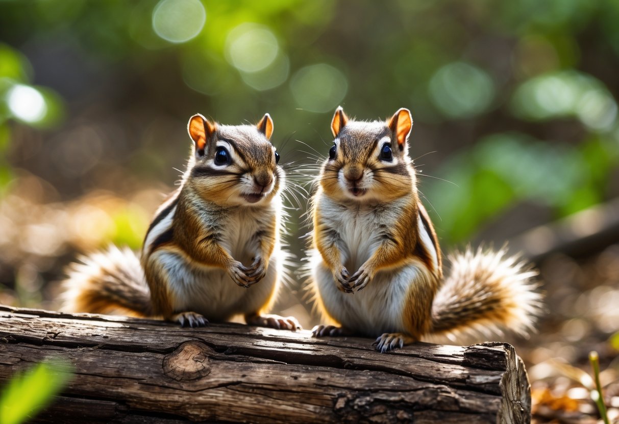 Two chipmunks sitting side by side on a wooden log in a sunlit forest clearing.