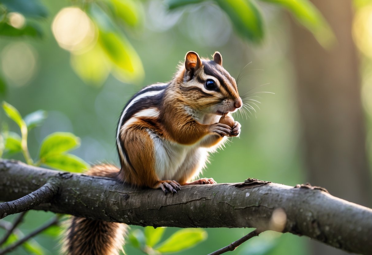 A female chipmunk sitting on a tree branch holding a small nut in a forest.