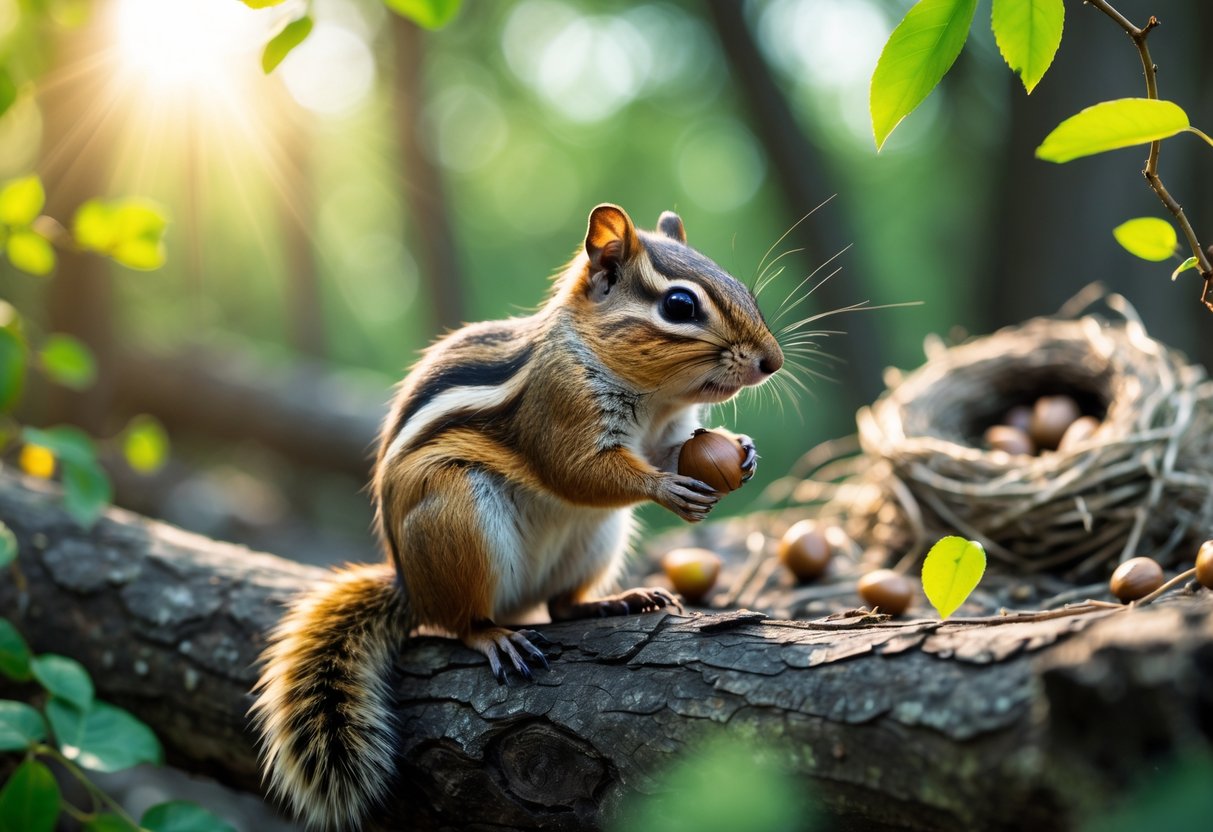 A female chipmunk sitting on a tree branch in a forest with a nest and baby chipmunks visible nearby.
