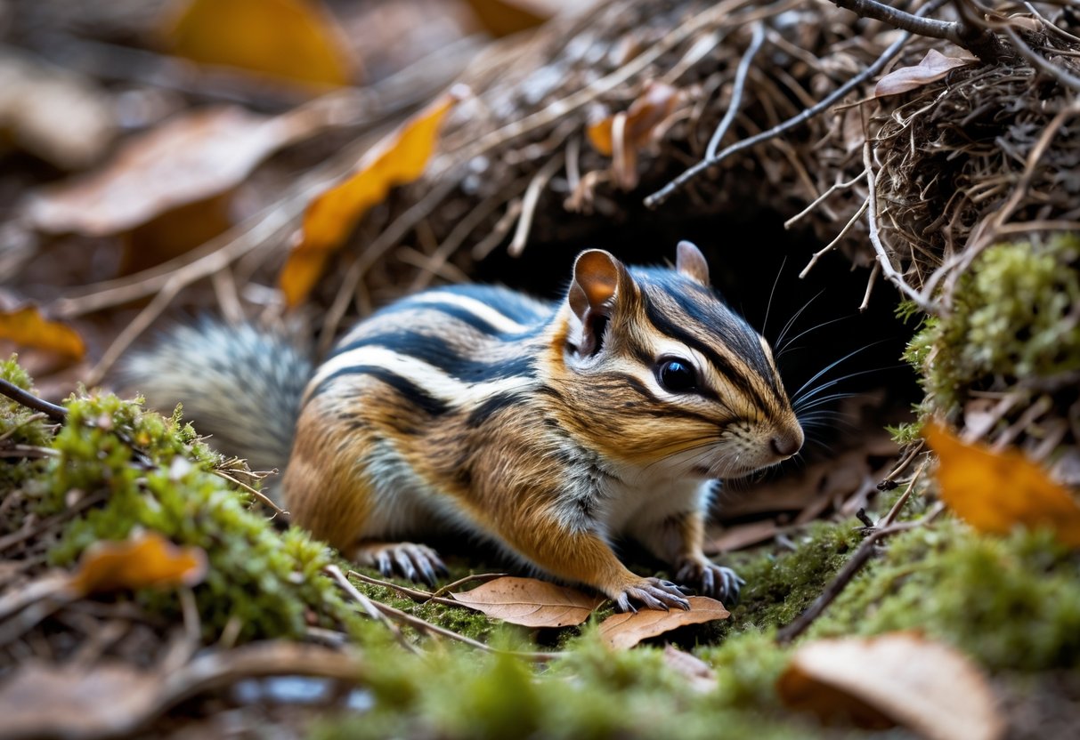 A chipmunk curled up and sleeping inside a cozy burrow surrounded by leaves and twigs.