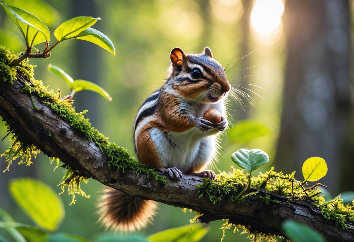 A chipmunk holding a nut on a mossy tree branch in a sunlit forest.