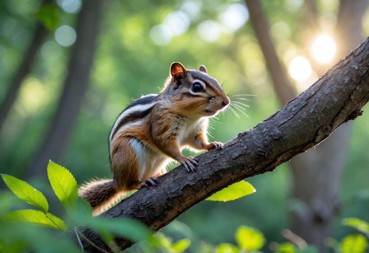 A chipmunk sitting on a tree branch surrounded by green leaves in a forest.