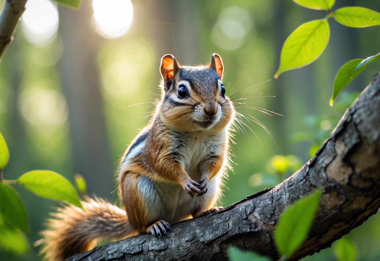 A chipmunk sitting on a tree branch in a forest looking towards the camera.