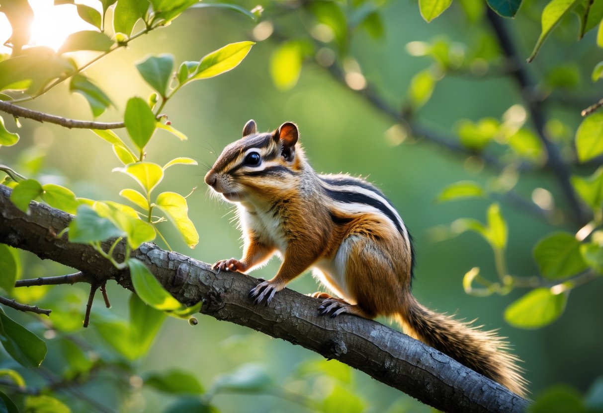 A chipmunk sitting on a tree branch surrounded by green leaves in a forest.