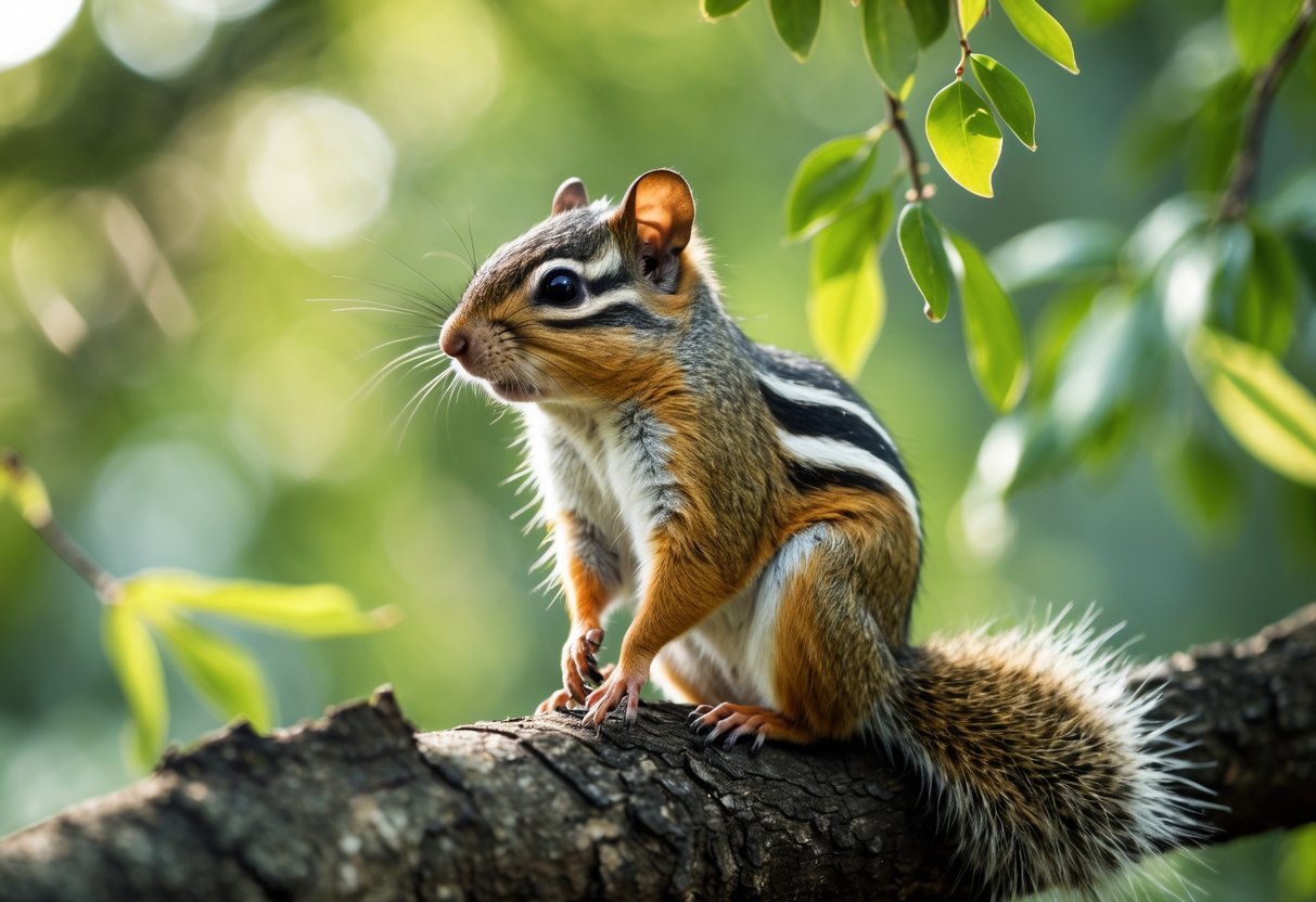 A small striped rodent sitting on a tree branch in a forest with green leaves in the background.