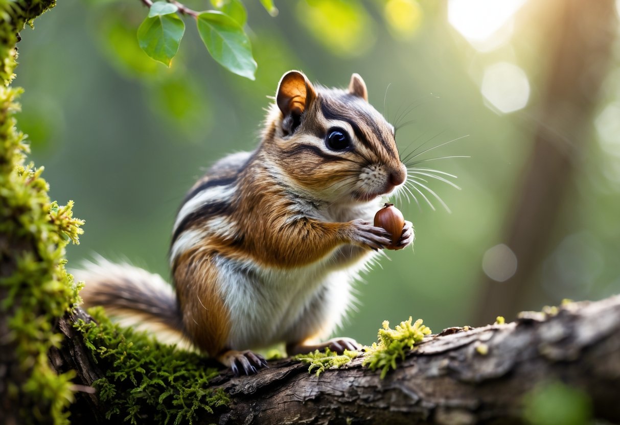 A chipmunk sitting on a mossy tree branch holding an acorn in a forest.