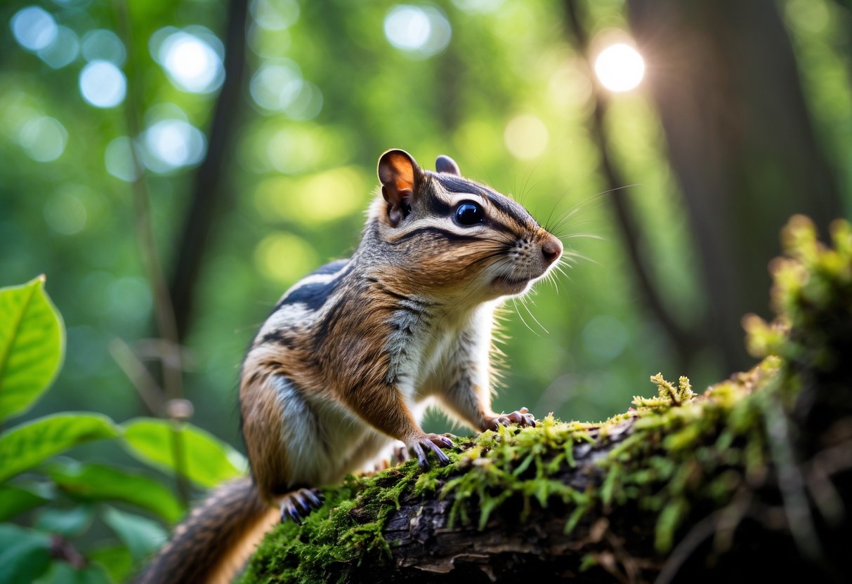 A chipmunk sitting on a mossy branch in a green forest with sunlight filtering through the trees.