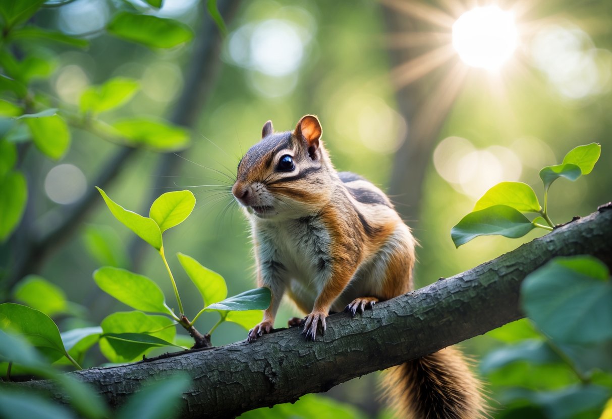A chipmunk sitting on a tree branch surrounded by green leaves in a forest.