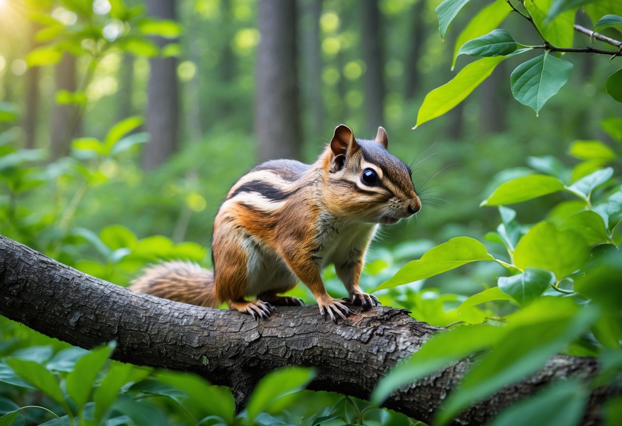 A chipmunk sitting on a tree branch surrounded by green forest vegetation.