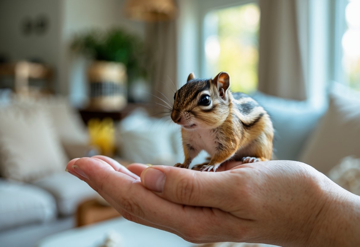A chipmunk sitting calmly on a person's hand inside a cozy living room.