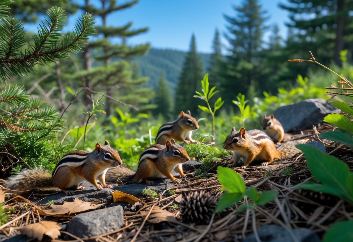 Chipmunks foraging on the forest floor surrounded by green trees and plants in a natural woodland setting.