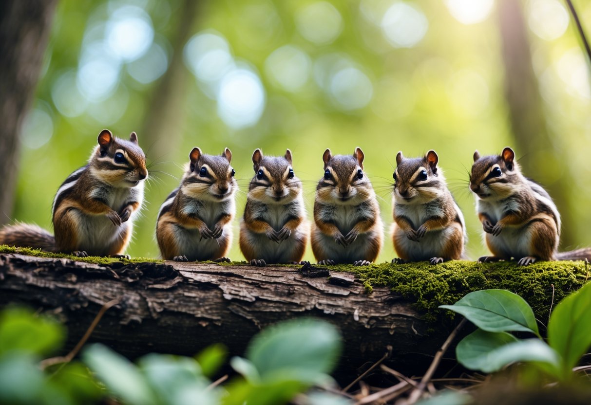 Six chipmunks sitting together on a mossy log in a forest.