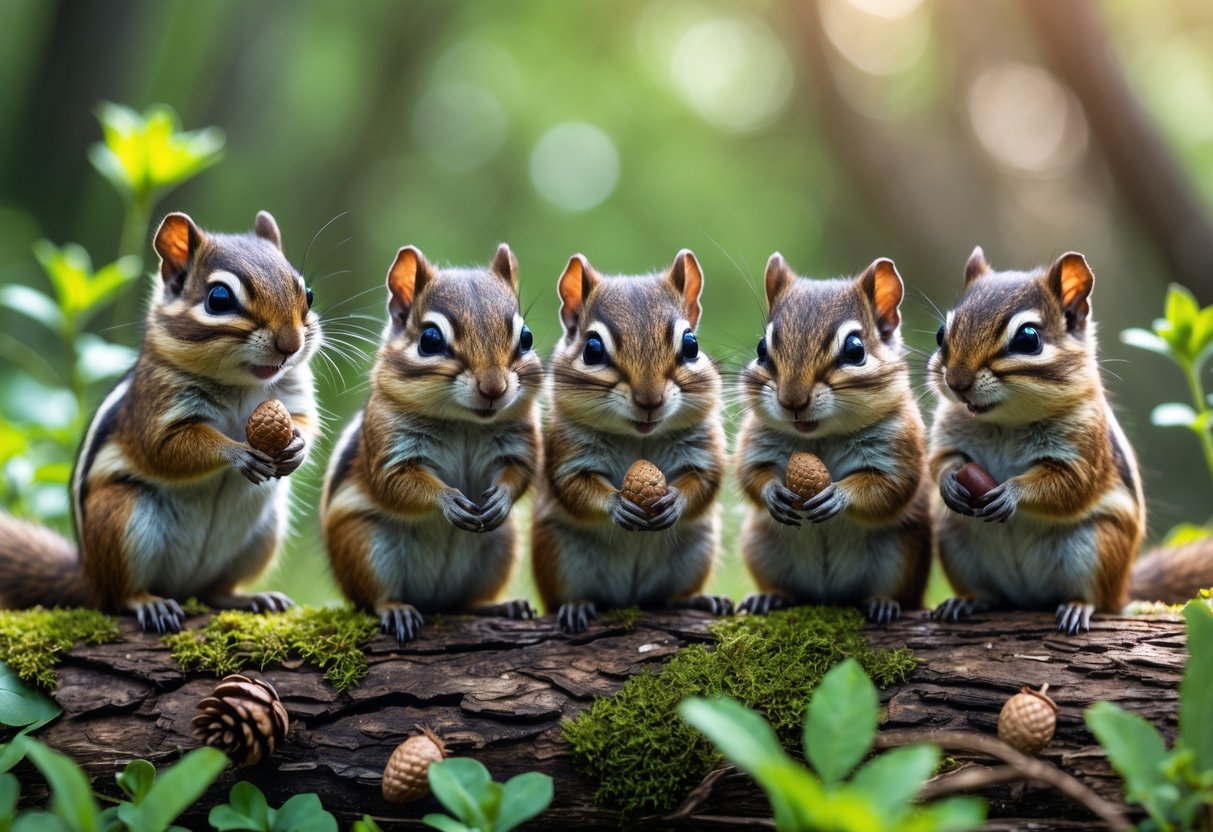 Six chipmunks sitting together on a mossy log in a forest, surrounded by greenery and sunlight.