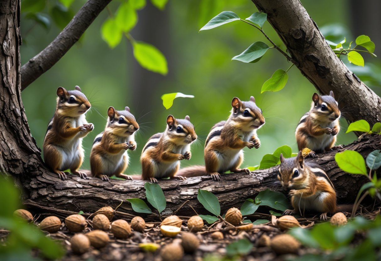 Six chipmunks in a forest setting among leaves and branches, some eating nuts and others looking around.
