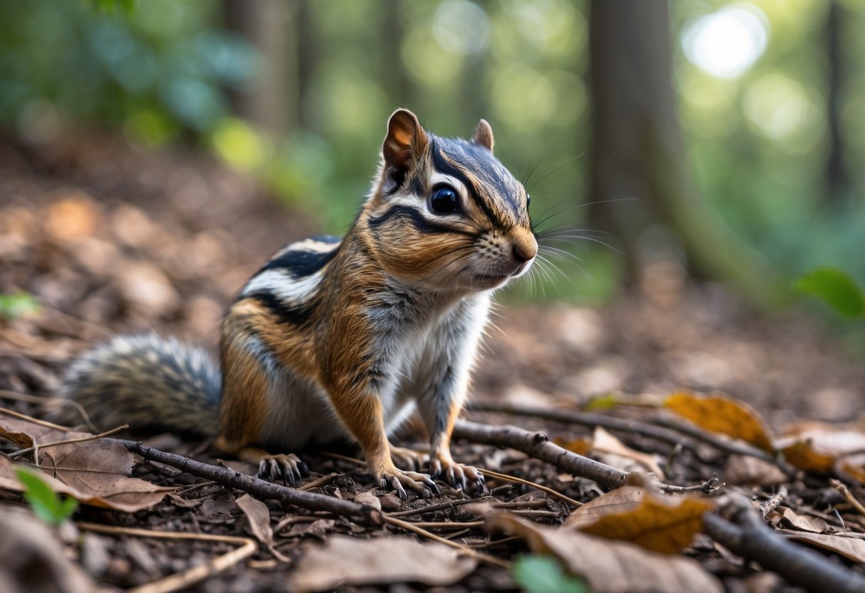 A chipmunk sitting on the forest floor surrounded by leaves and twigs.