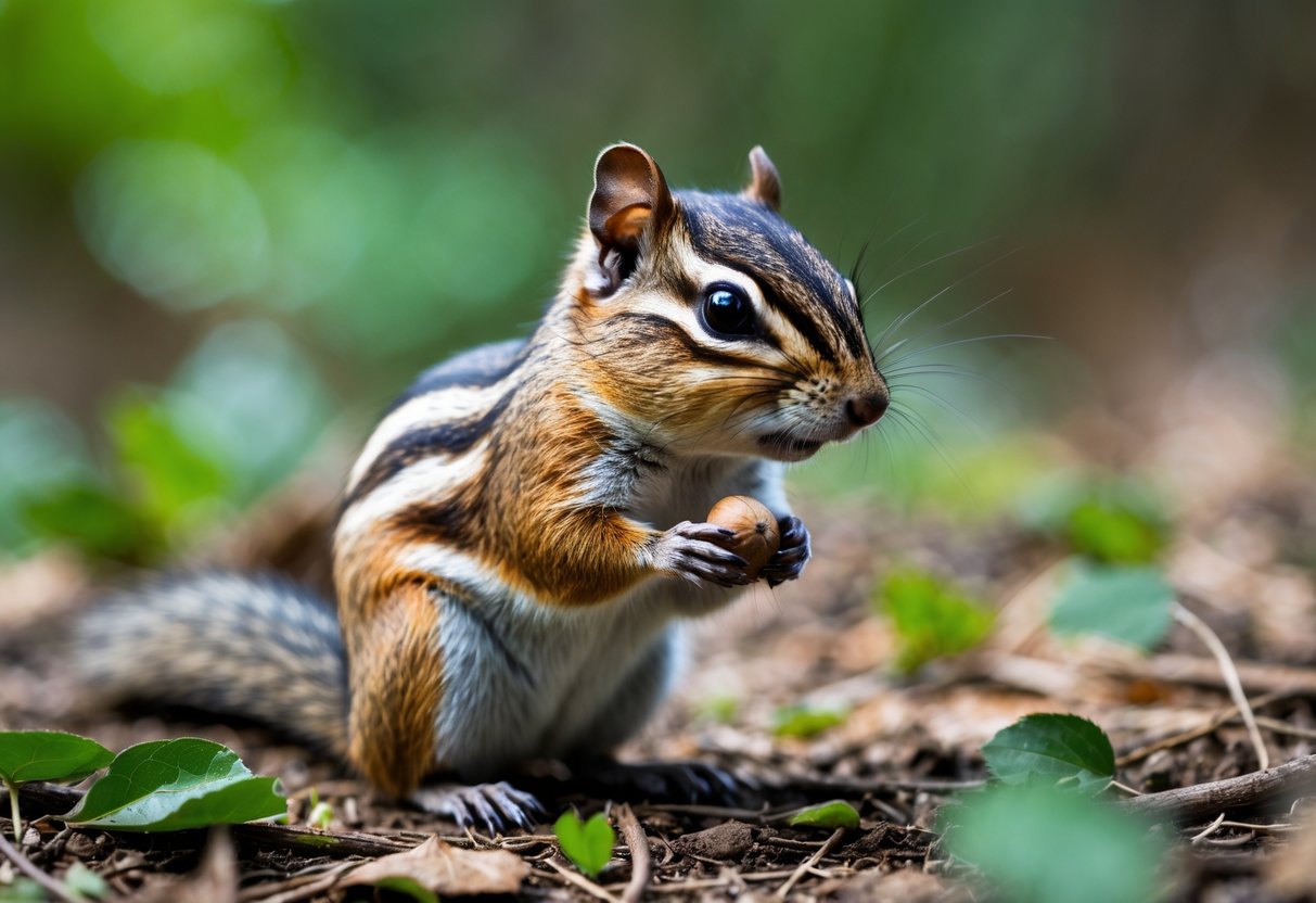 A chipmunk sitting on a forest floor holding a nut, surrounded by leaves and greenery.