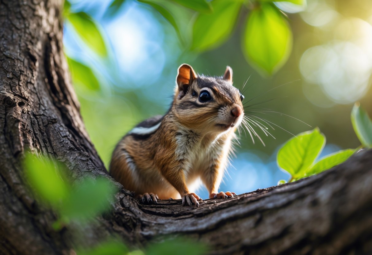 A chipmunk sitting on a tree branch surrounded by green leaves in a natural outdoor setting.