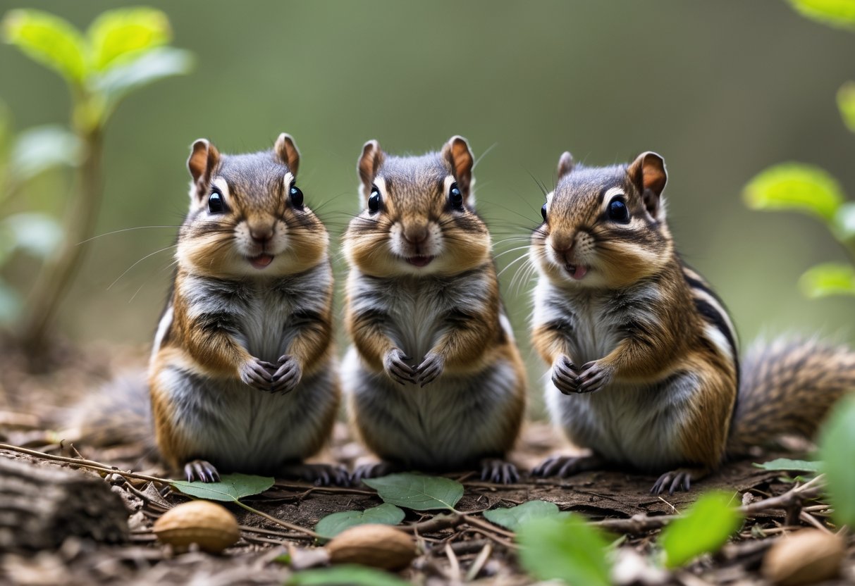 Three chipmunks sitting together on a forest floor surrounded by leaves and greenery.
