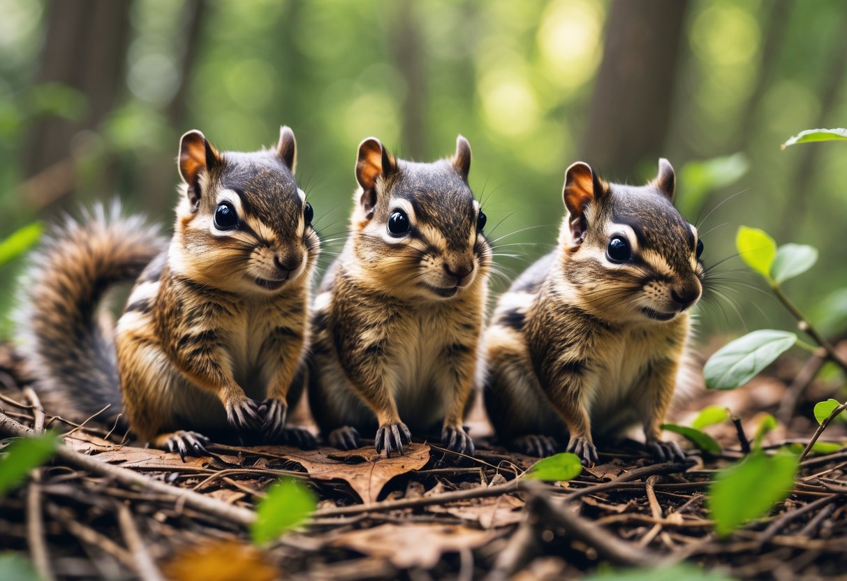 Three chipmunks sitting together on a forest floor surrounded by leaves and greenery.