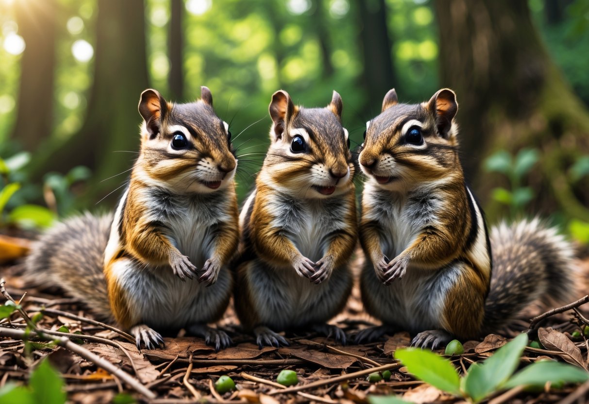Three chipmunks sitting together on a forest floor surrounded by leaves and greenery.