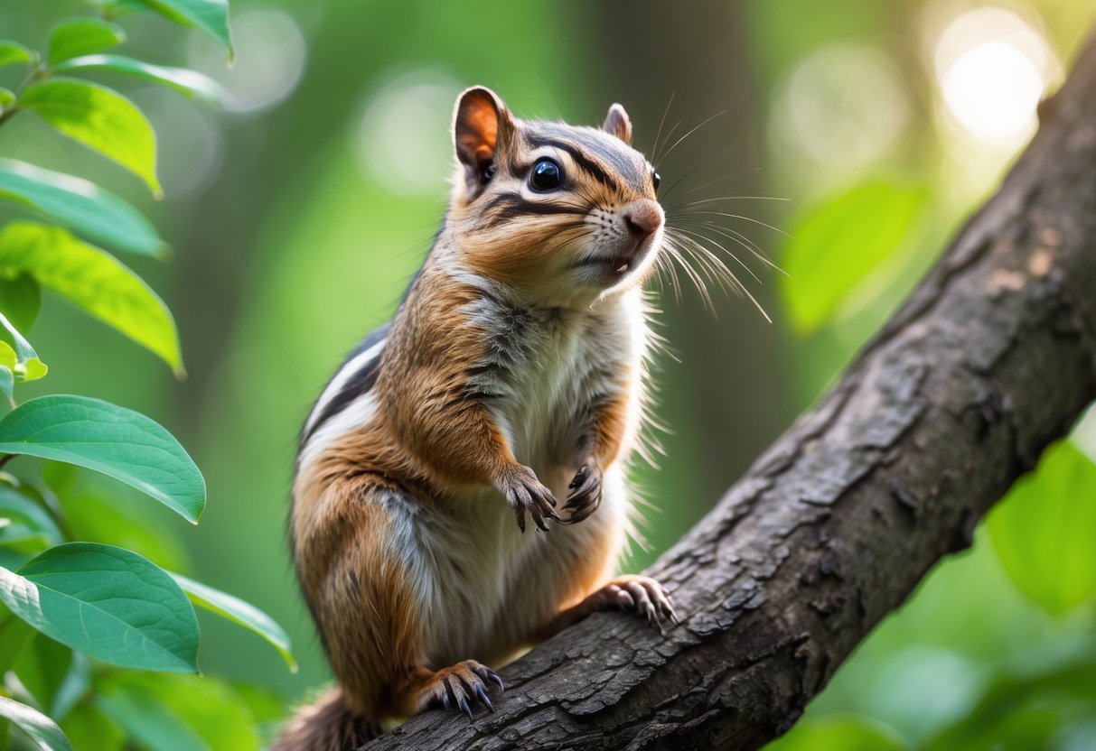 A chipmunk sitting on a tree branch in a forest, looking alert and curious.
