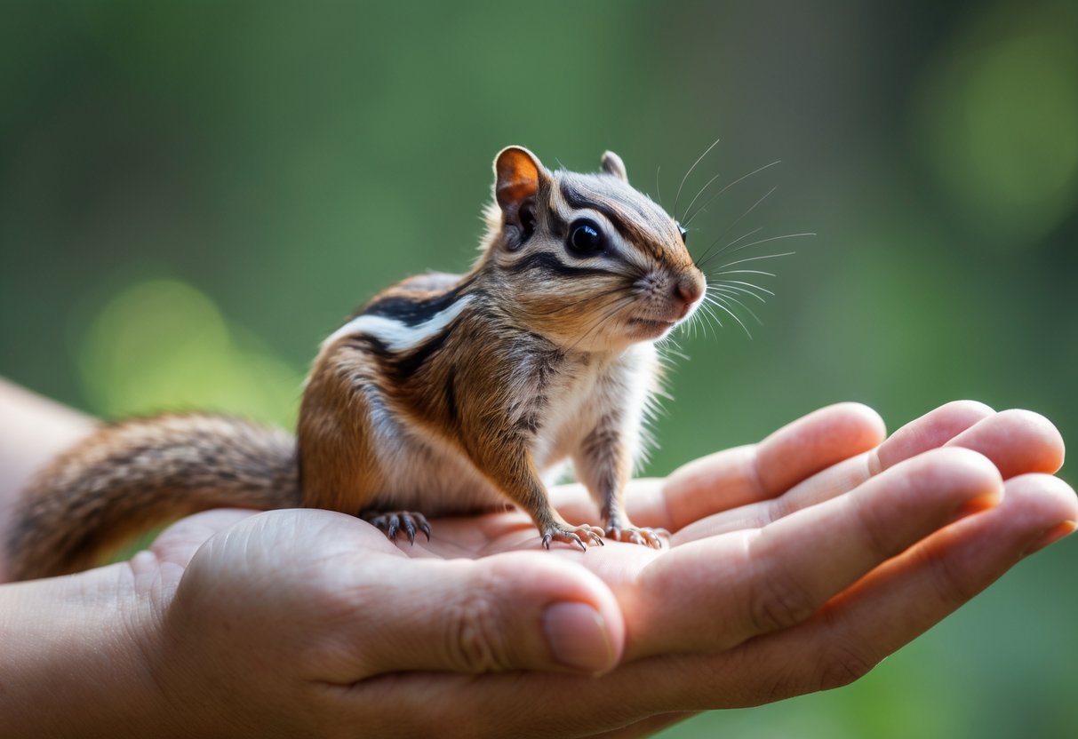A chipmunk sitting calmly on a person's open hand outdoors with a blurred forest background.