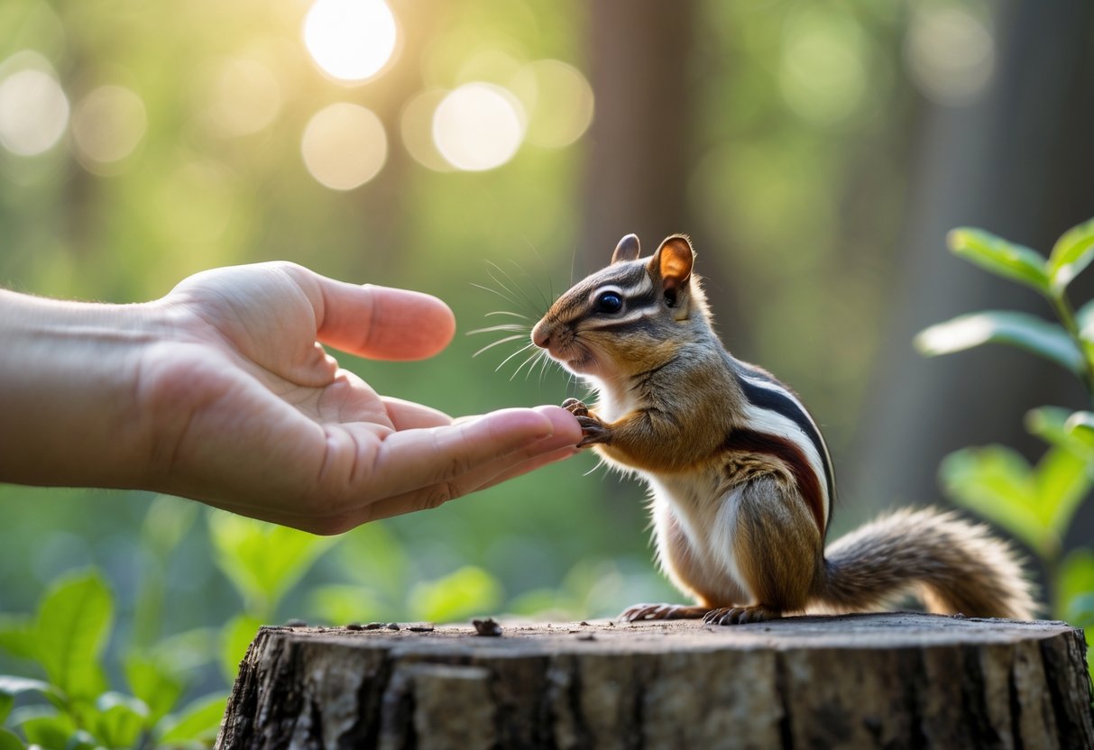 A person gently reaching out their hand towards a small chipmunk sitting on a tree stump in a forest setting.