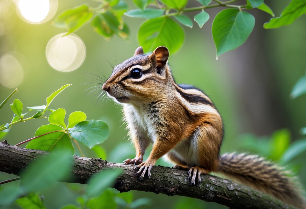 A chipmunk sitting on a tree branch surrounded by green leaves in a forest.