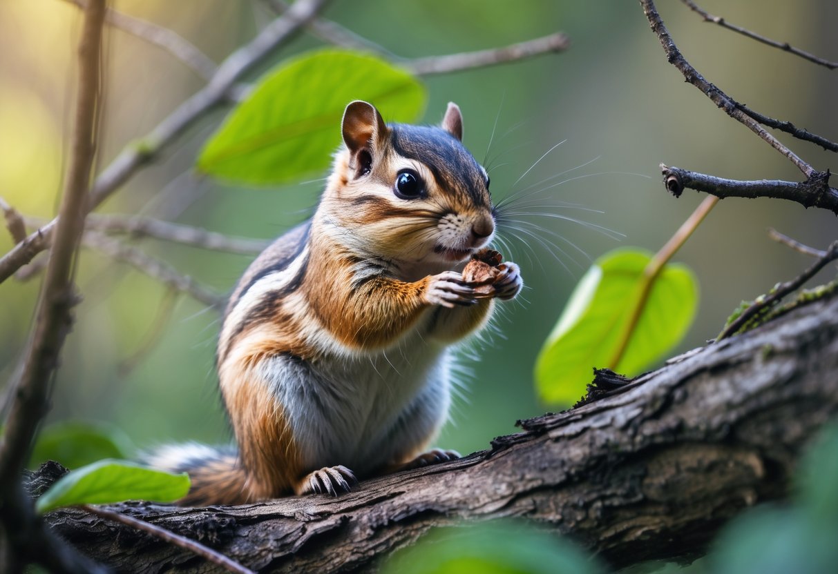 A chipmunk holding a small insect in a forest environment.