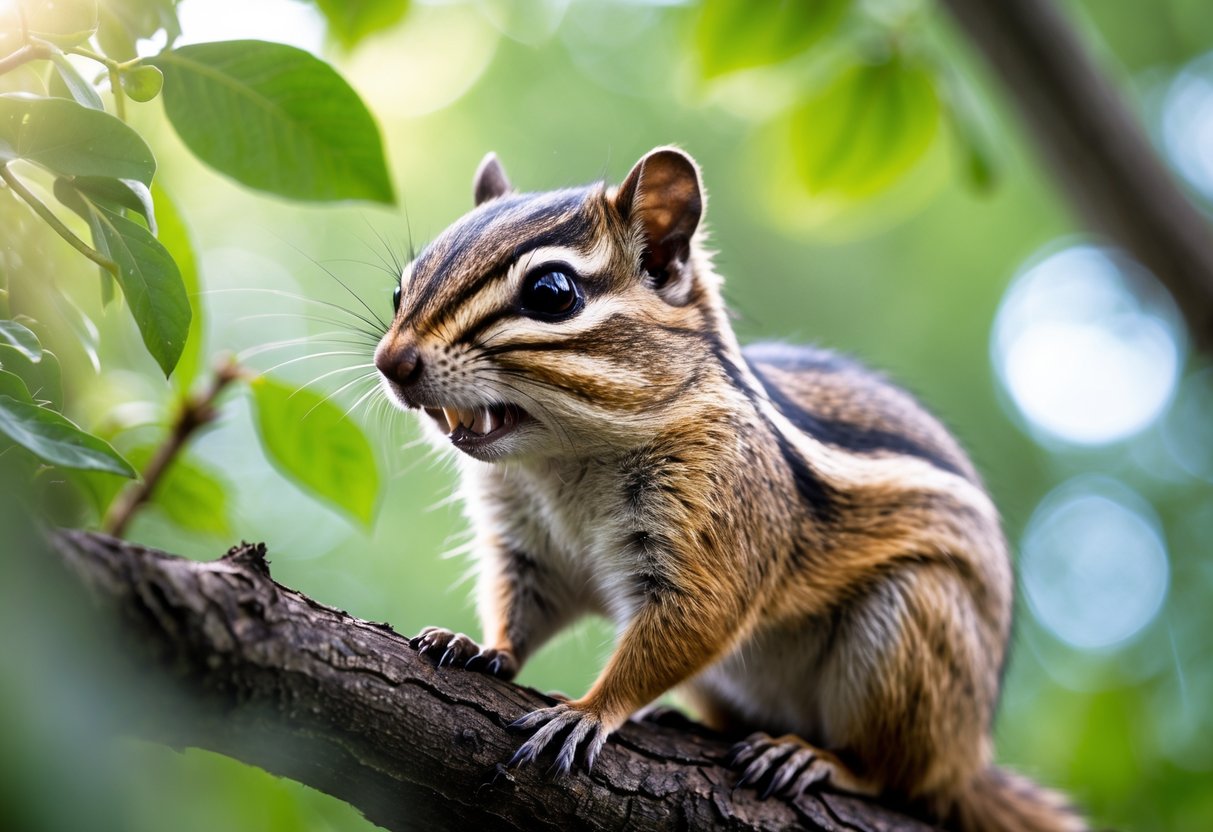 A chipmunk on a tree branch in a forest, showing a defensive posture with raised fur and alert eyes.