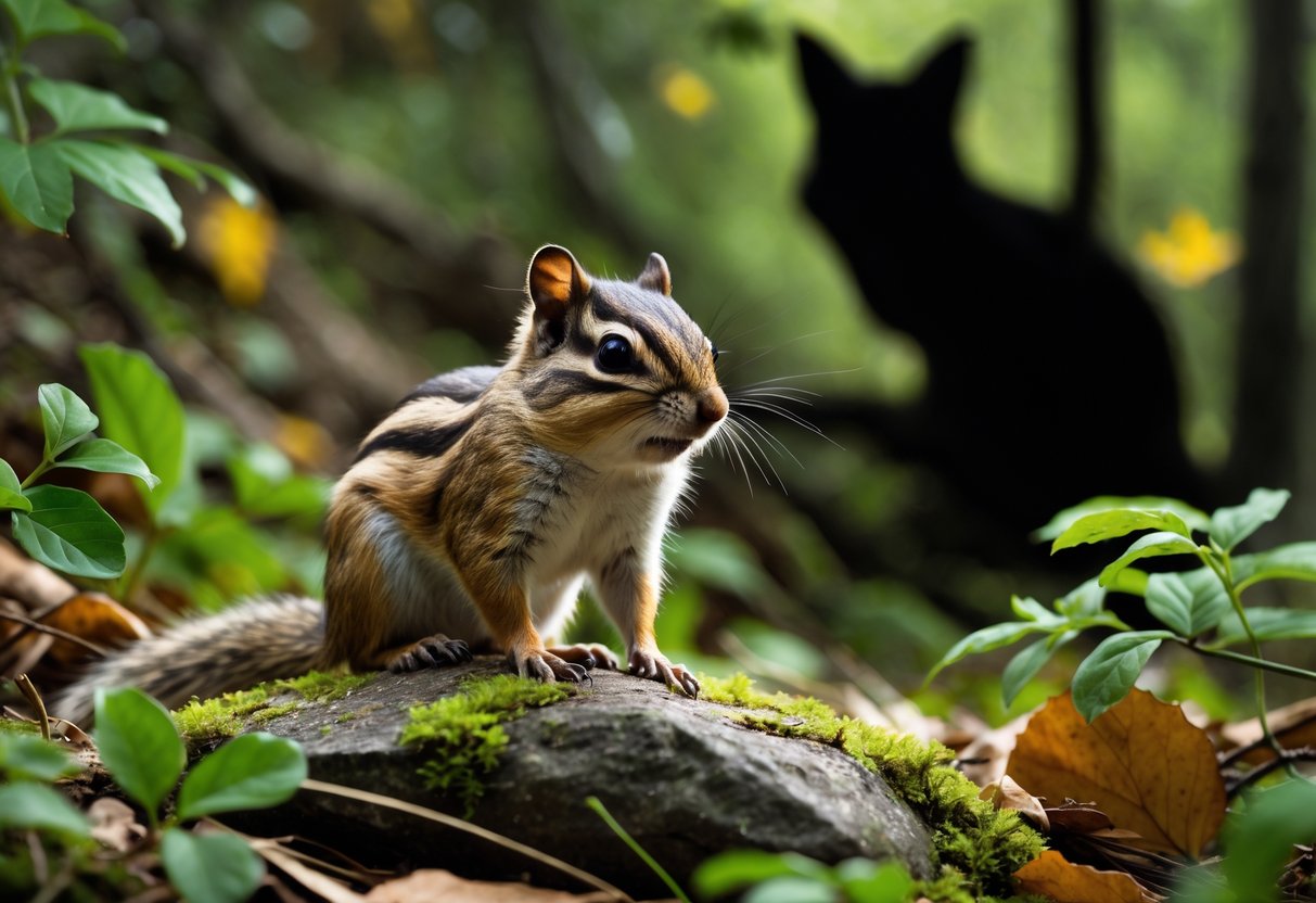 A chipmunk on a mossy rock in a forest looking alert with a faint shadow of a predator in the background.