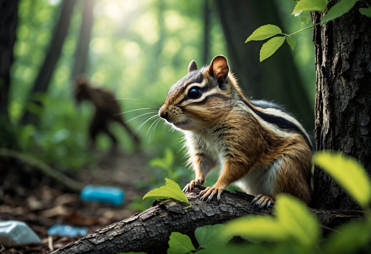 A chipmunk in a forest looking alert with a distant predator shadow and subtle human presence nearby.
