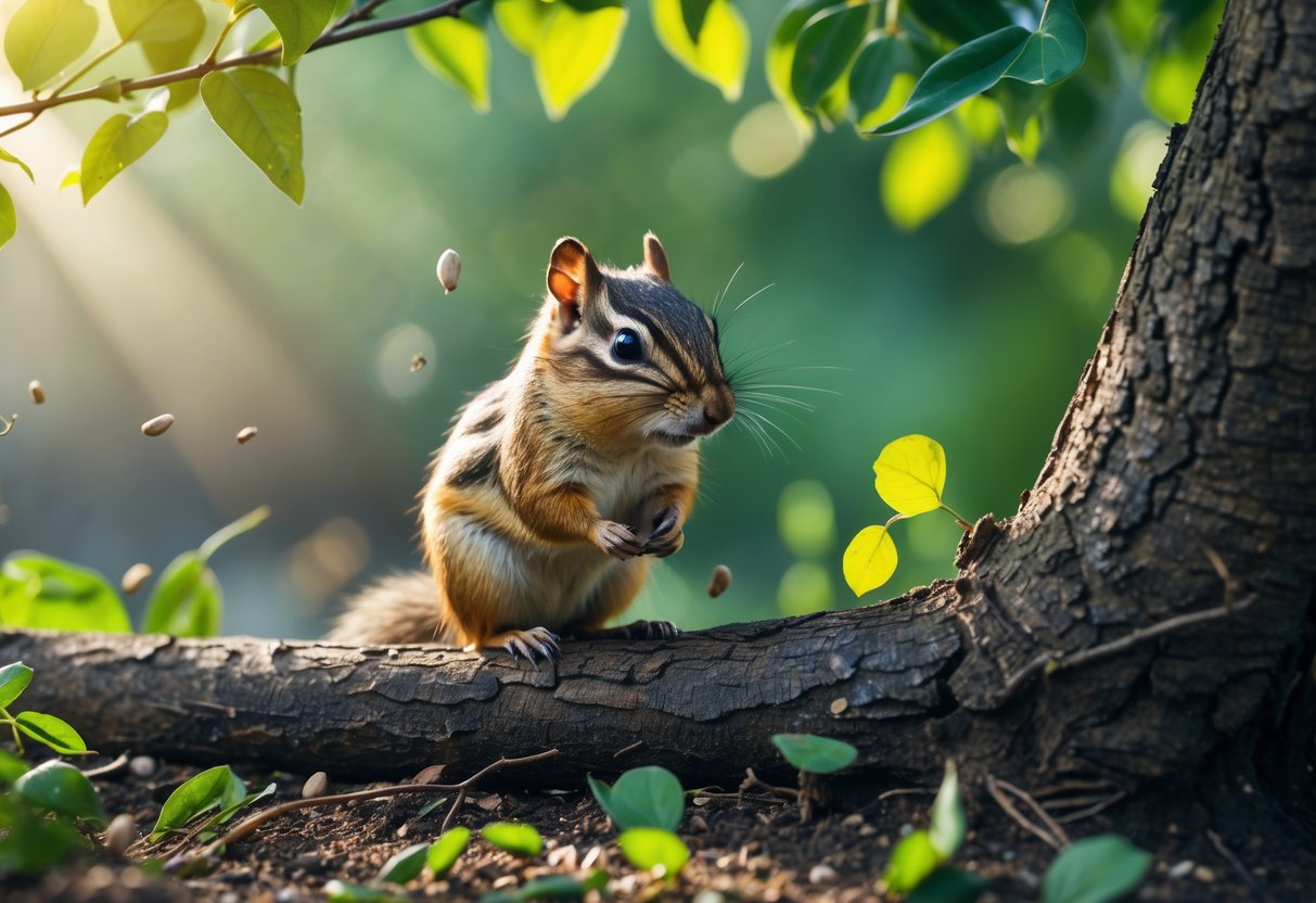 A chipmunk sitting on a tree branch with puffed cheeks, near nibbled plants and scattered seeds in a garden.