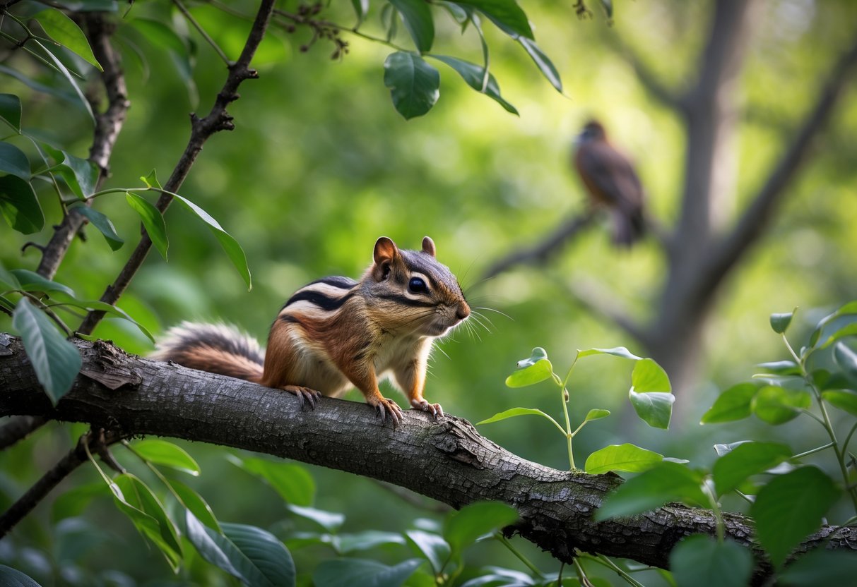 A chipmunk sitting on a tree branch in a forest with a bird of prey visible in the background.