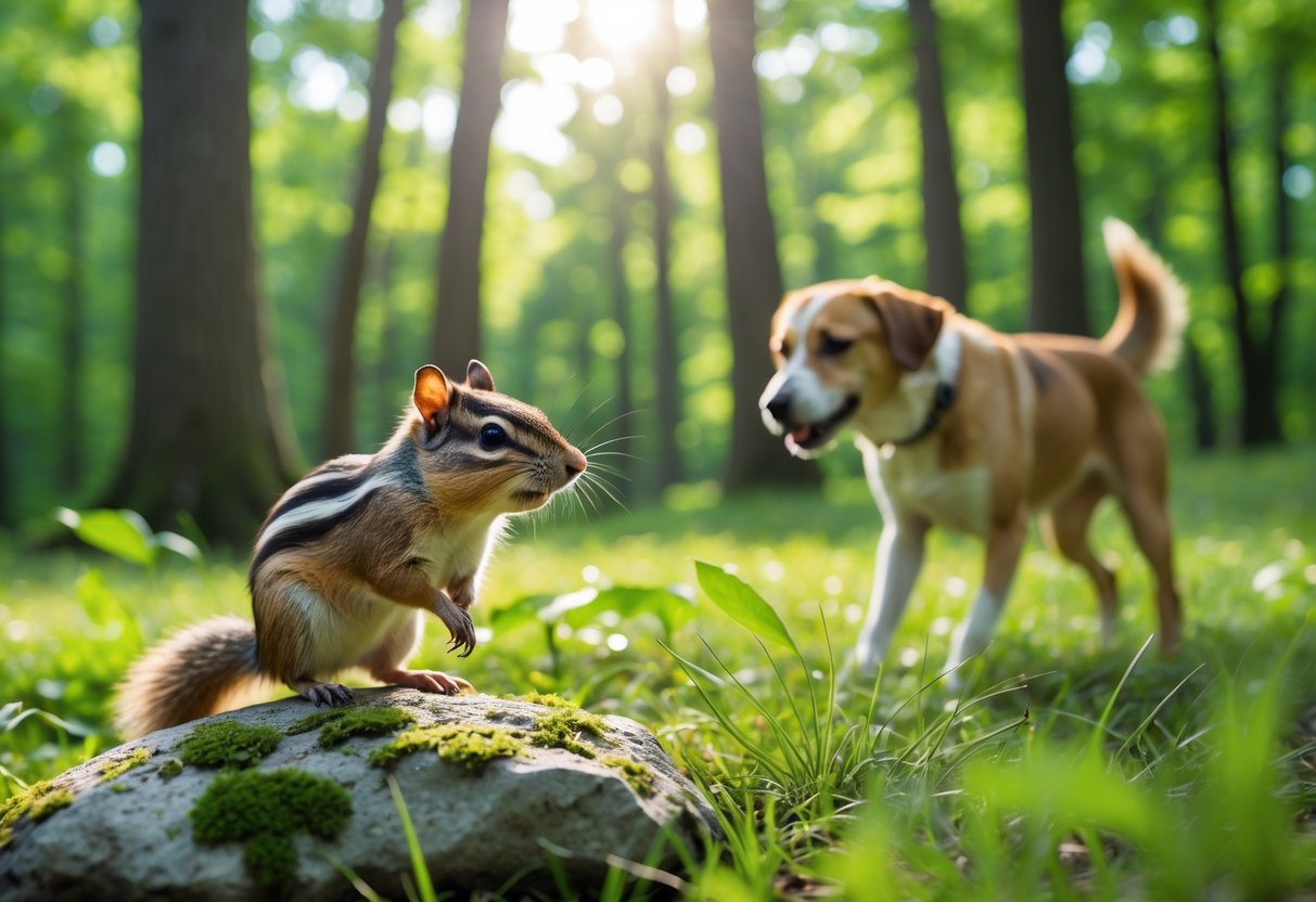 A chipmunk on a rock looking alert as a dog approaches nearby in a forest clearing.