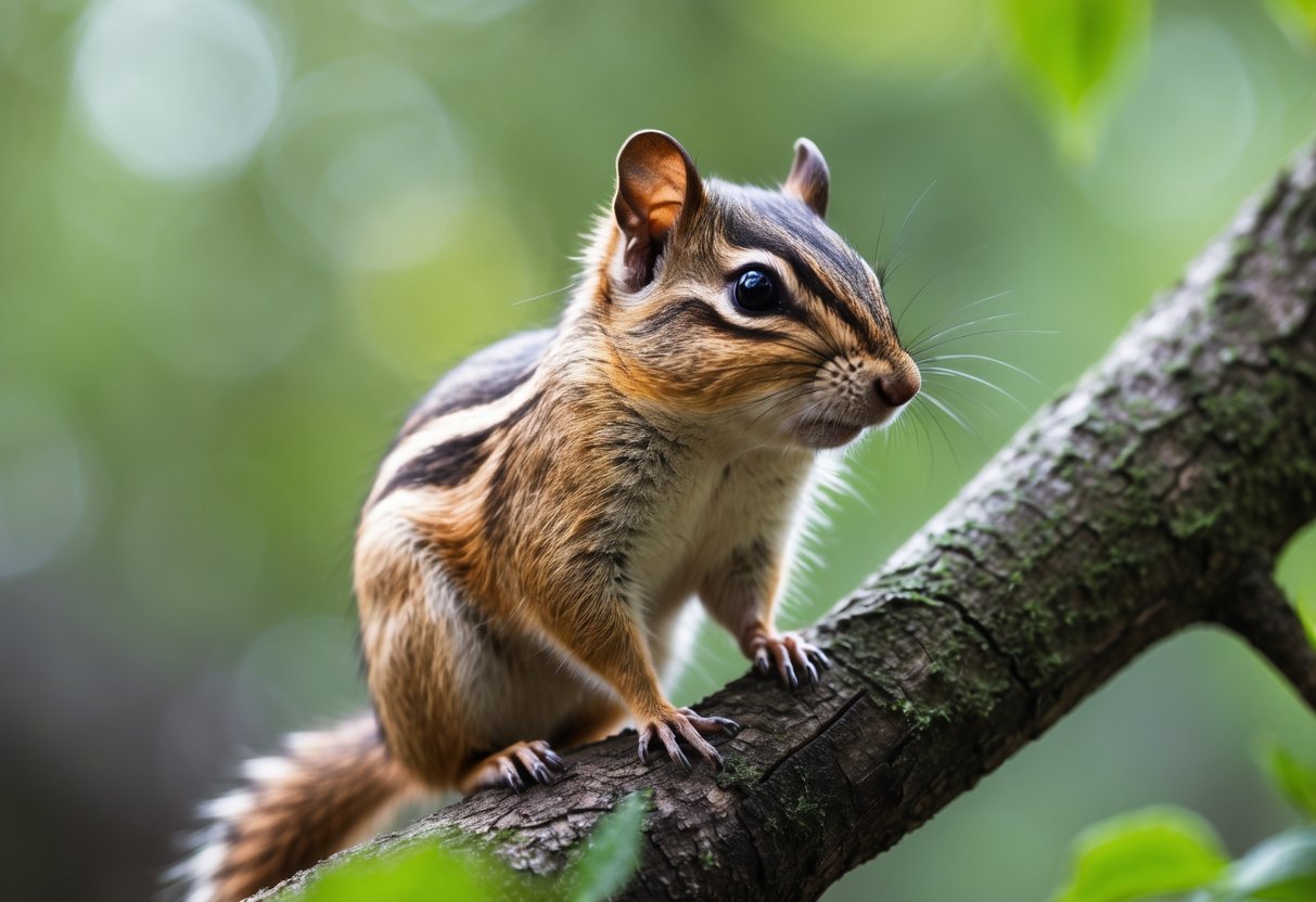 A solitary chipmunk sitting on a tree branch in a forest.