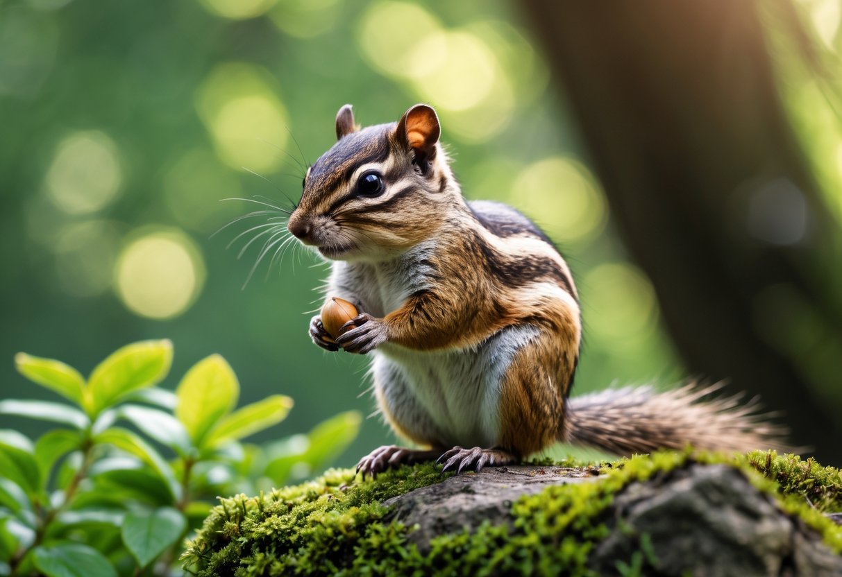 A single chipmunk sitting on a mossy rock in a forest with green leaves and sunlight filtering through the trees.