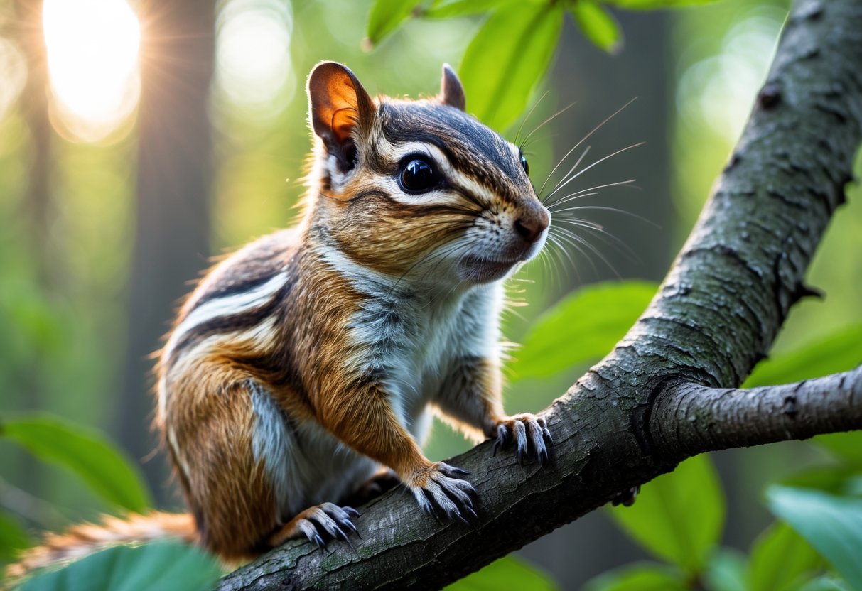 A chipmunk sitting on a tree branch in a forest with green leaves and sunlight.