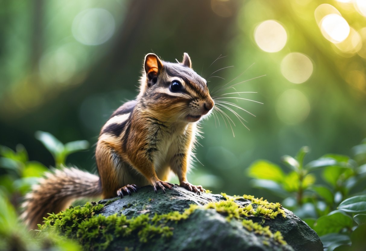A chipmunk sitting on a mossy rock in a forest with green leaves and sunlight around it.