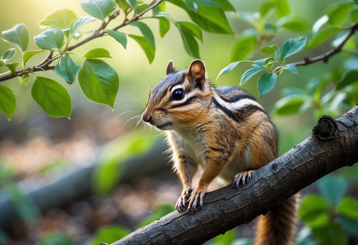 A chipmunk sitting on a tree branch surrounded by green leaves in a forest.