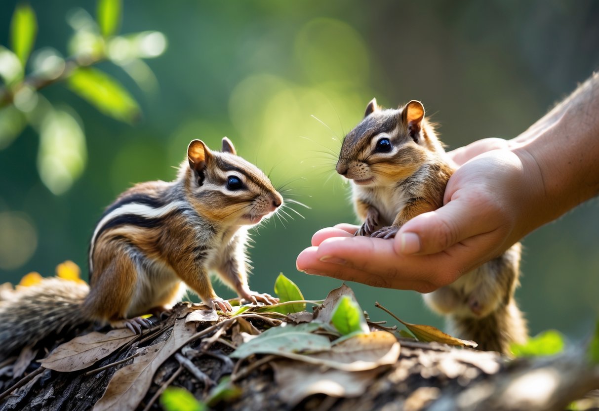 A person's hand reaching out gently towards a small chipmunk sitting on a branch outdoors.
