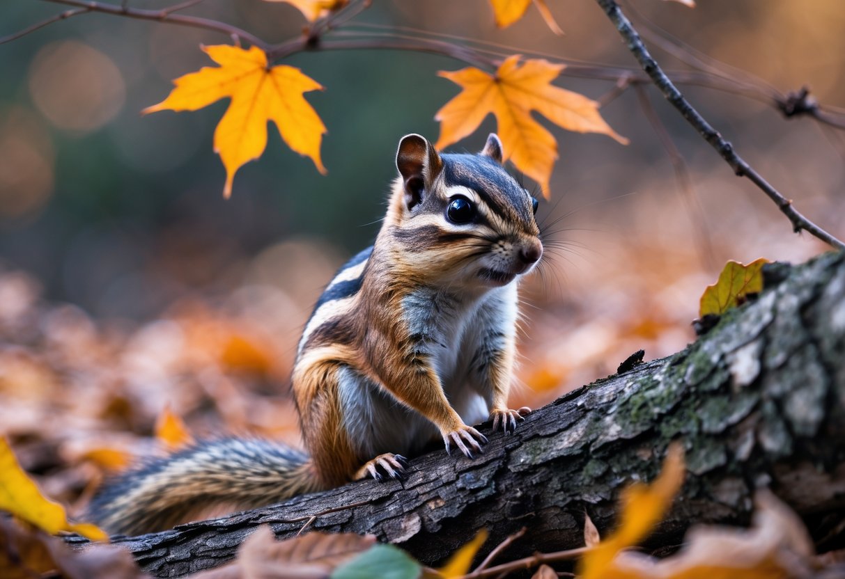 A chipmunk sitting on a tree branch in a forest with autumn leaves around it.