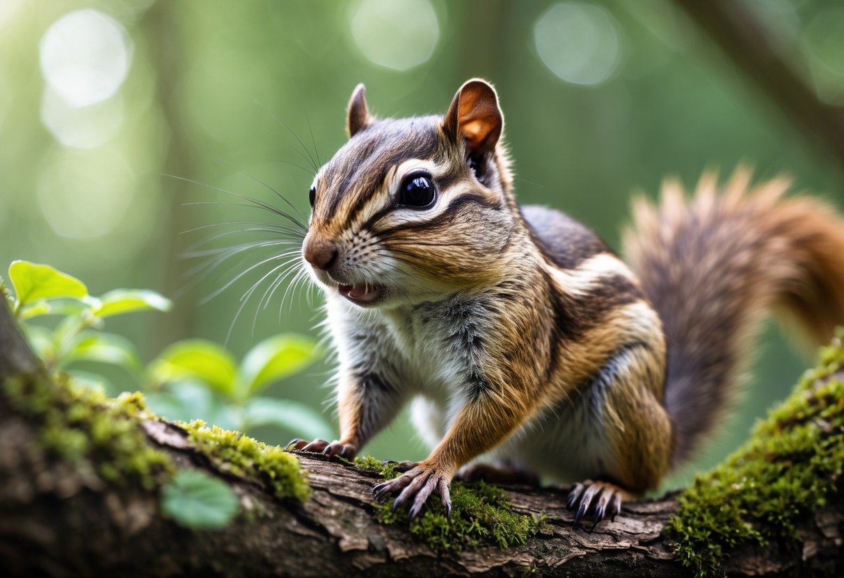 A chipmunk perched on a tree branch in a forest, looking alert with puffed cheeks.