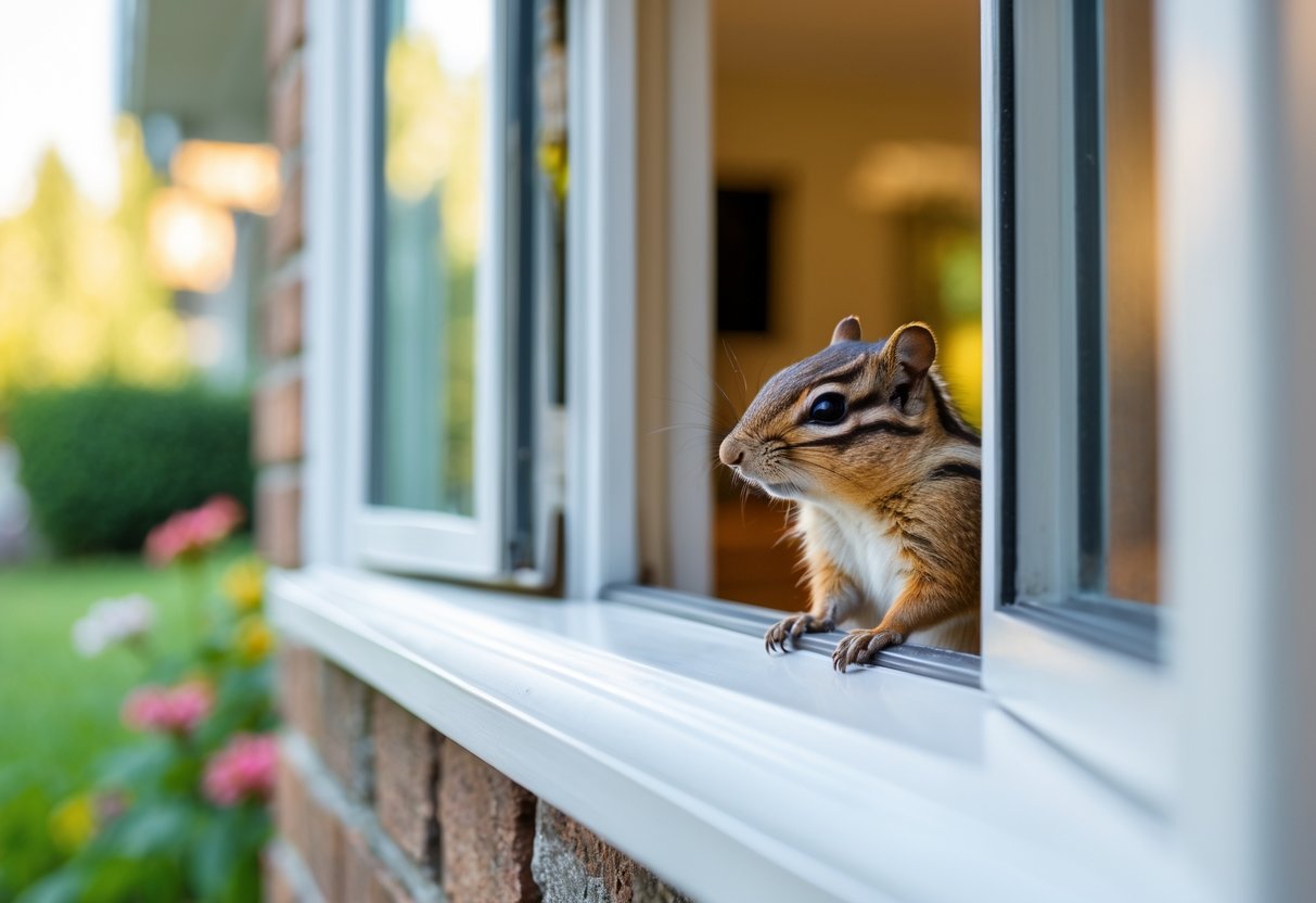 A chipmunk peeks through an open window of a suburban house, perched on the windowsill looking inside.