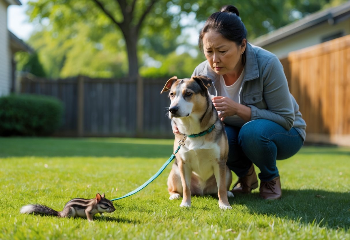 A person kneeling on grass holding a dog on a leash next to a small dead chipmunk in a backyard.