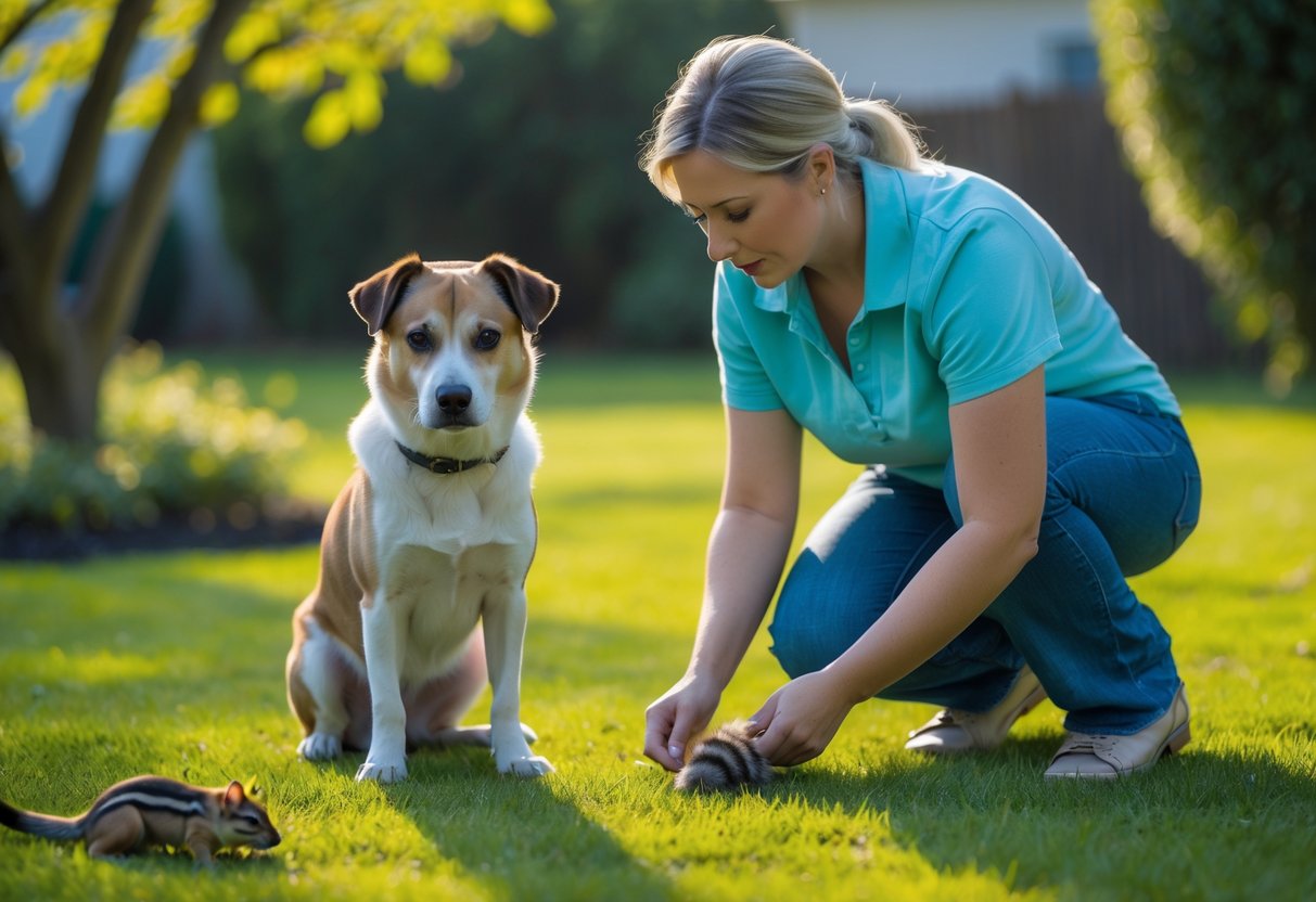A dog owner carefully checking their dog outdoors after it killed a small chipmunk lying on the ground.