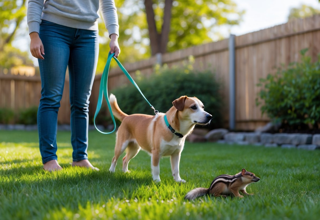 A person holding a dog on a leash in a backyard with a small chipmunk lying on the grass nearby.