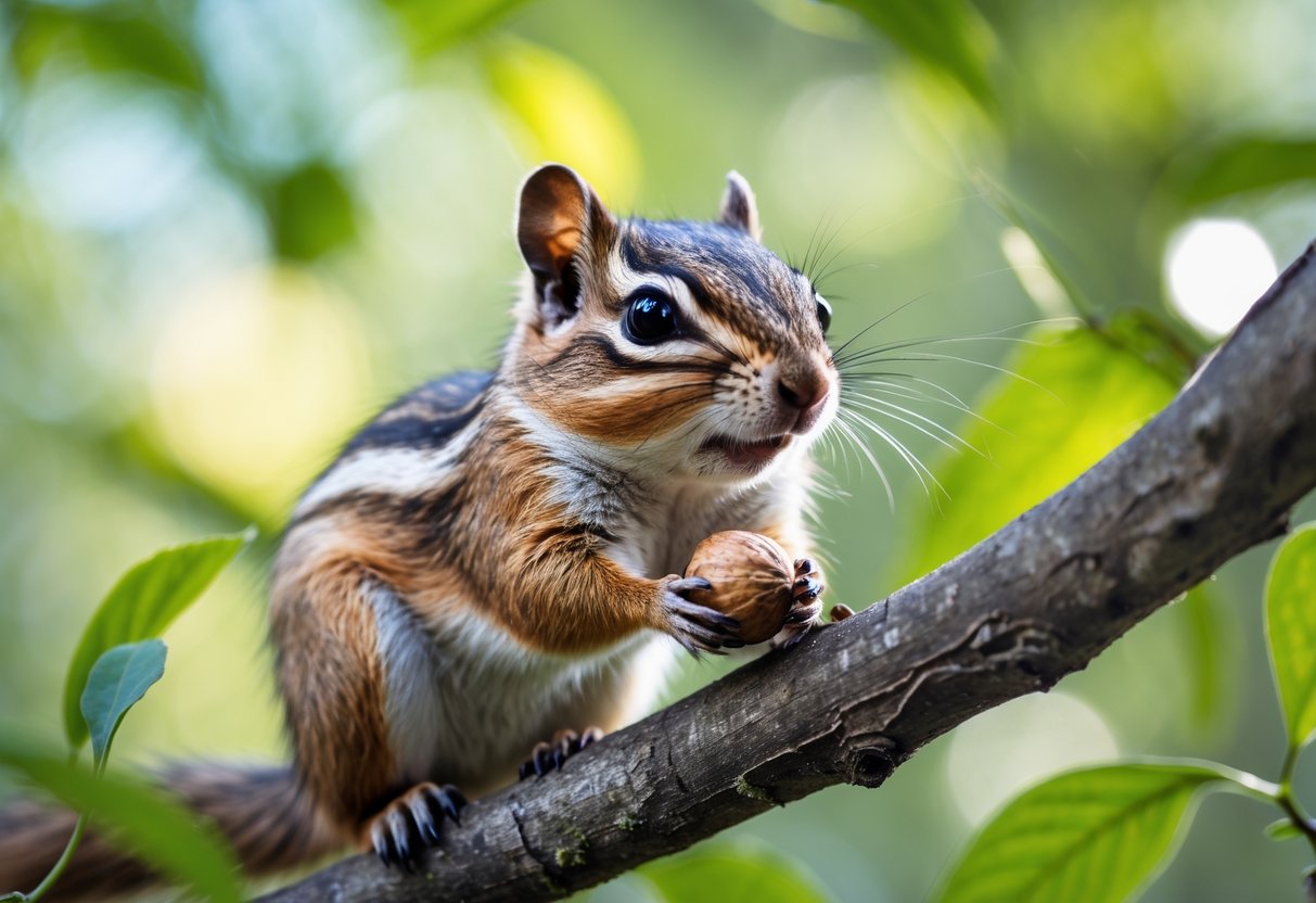 A close-up of a chipmunk sitting on a tree branch surrounded by green leaves.